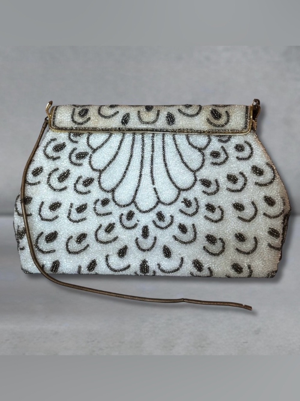 Vintage French Micro Beaded Evening Clutch Art Deco Fan Pattern Cocktail Purse